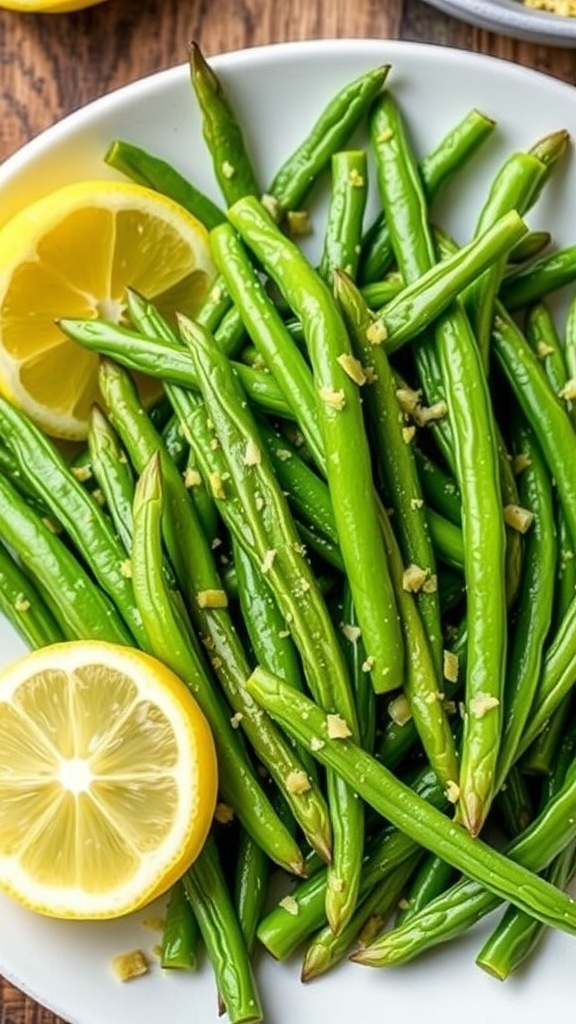 Air fryer lemon pepper green beans served on a plate with lemon zest and a slice of lemon.